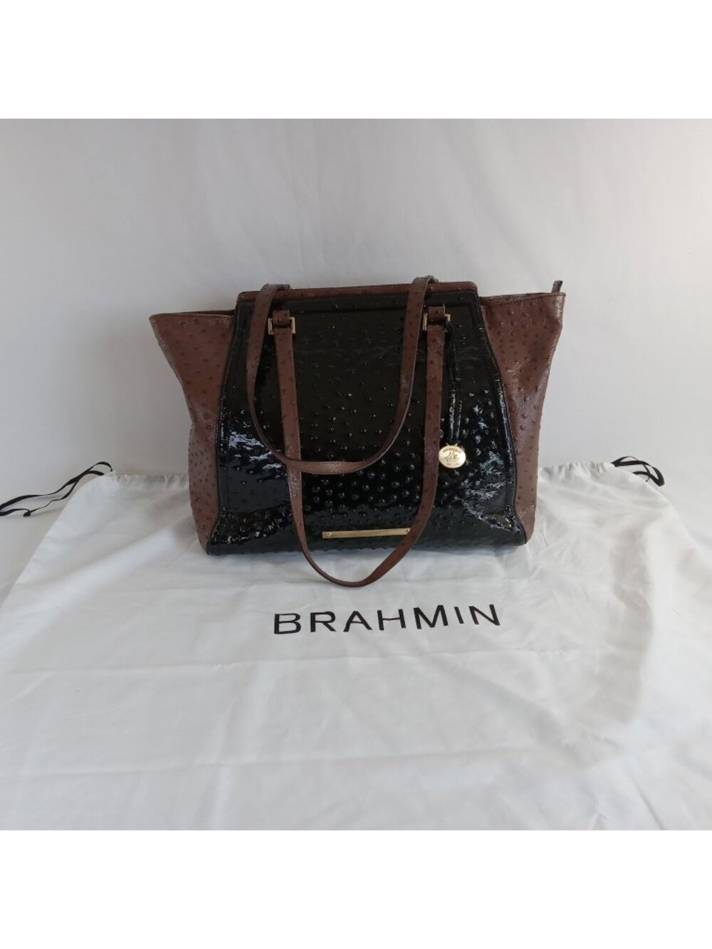 Brahmin Large Brown Ostrich Embossed Black Patent Leather Handbag Tote Dust Bag